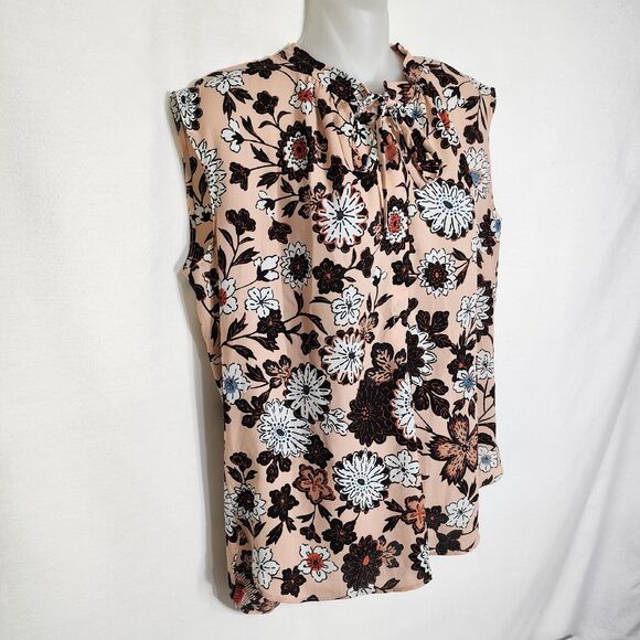 Ann Taylor Loft Womens Top Small Pink Floral Popover Tie Neck Career Sleeveless - Picture 4 of 10